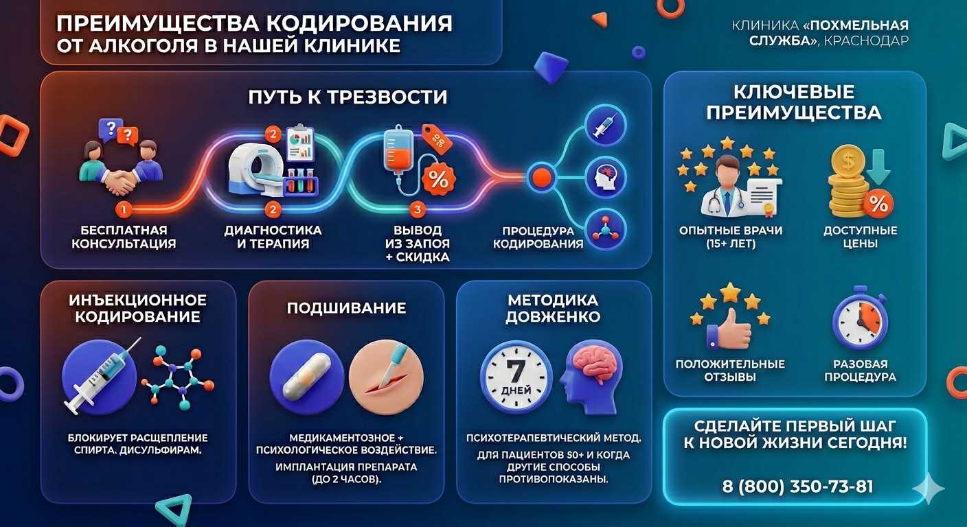 Инфографика о методах кодирования от алкоголя в Приозерске: инъекции, подшивание, метод Довженко. Преимущества клиники и этапы лечения.